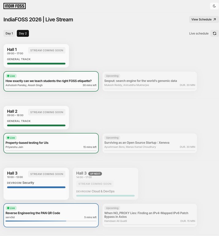 IndiaFOSS 2026 live page showing the live schedule across halls during the event